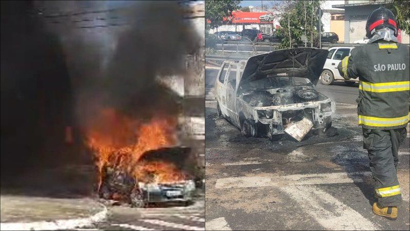 Carro pega fogo e fica completamente destruído em Franca