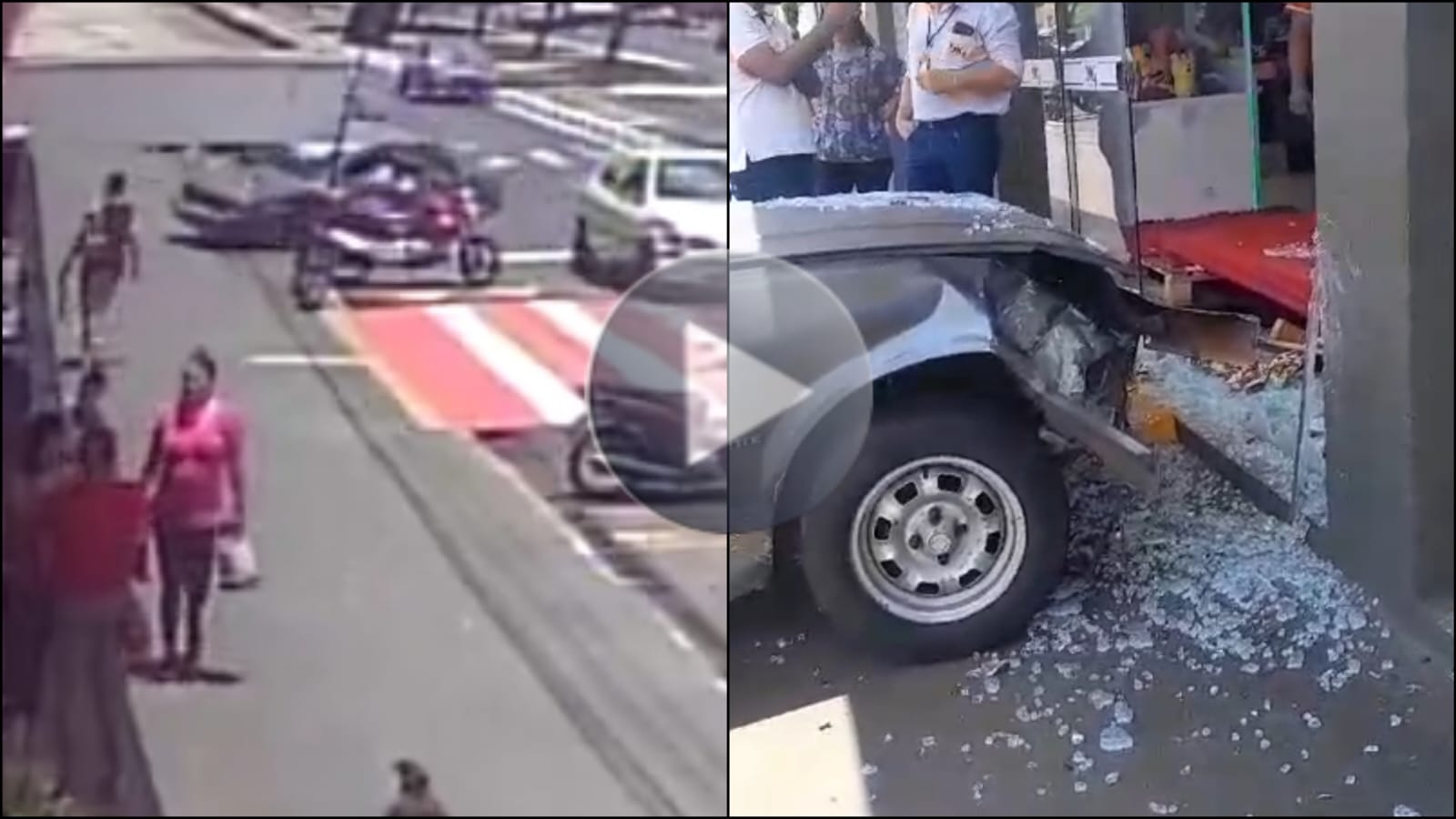Motorista perde controle de veículo e arrebenta carro em blindex de supermercado em Franca