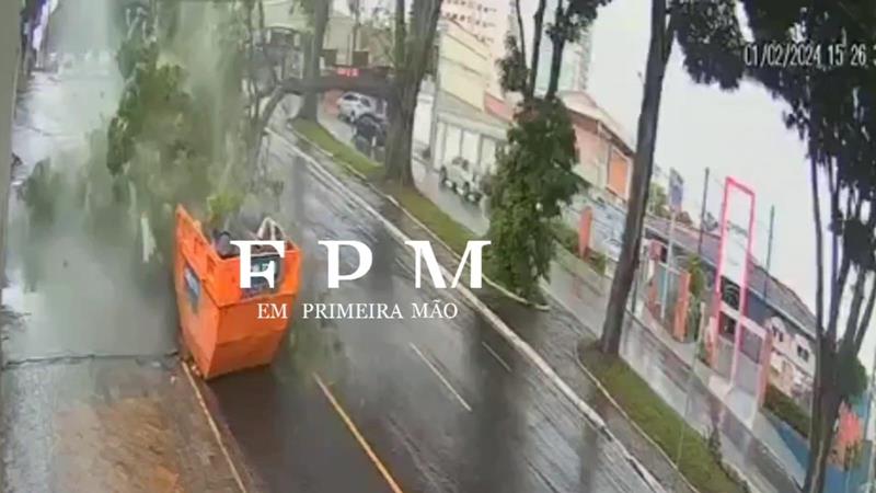 Galho de árvore cai em cima de veículo durante chuva e interdita avenida de Franca 